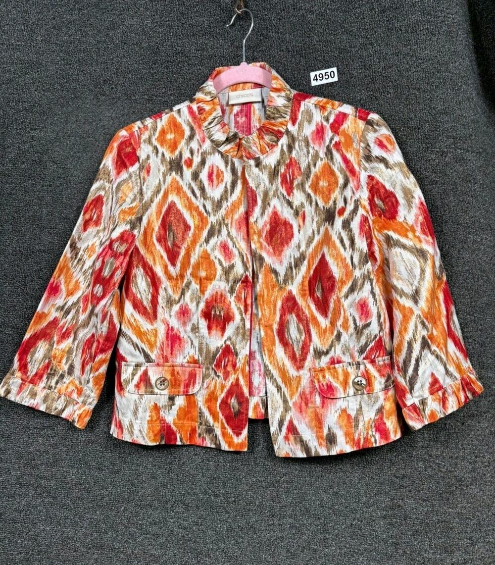 Chico’s Blurred Ikat Alegra Blazer Jacket Women Size 0 US 4 Multi Cropped Linen